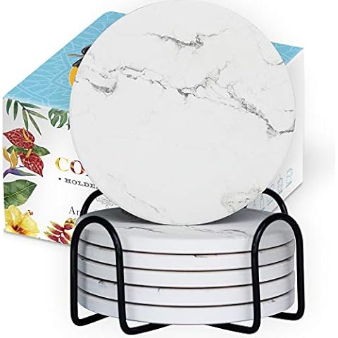 Coasters for Drinks | Absorbent Marble Drink Coaster Set of 6 with Holder | Housewarming Hostess Gifts, Novelty Man Cave House Warming Presents Decor, Wedding Registry, Unique Decorations, Gift Ideas Cover