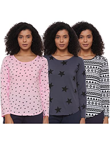 Image of A.T.U.N. (ALL THINGS UBER NICE) Womens Printed Cotton Long Sleeve Regular T-Shirt (Pack of 3)