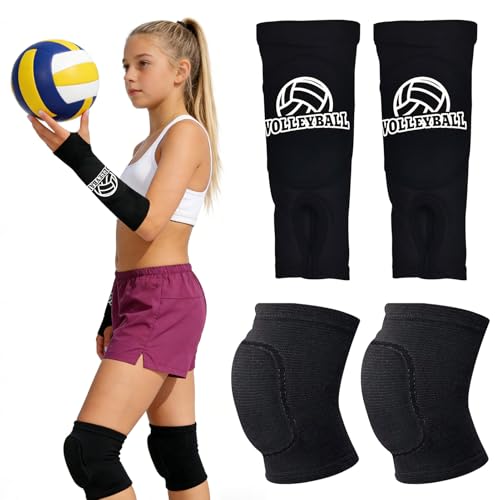 Hpbaggy Volleyball-Schutz, 1-Paar Armstulpen +1-Paar Knieschoner, Sport Unterarm Ärmel -Handgelenkstützemit Schutzpolster und Daumenloch,Schwamm Kollision Knieschutz Knie Schoner - S