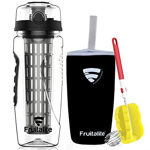 Image of Fruitalite Fruit Infuser Water Bottle- 1 Litre, Full Length Tritan Infusion Rod, Cover Sleeve, Infused Detox Water Recipes eBook, Cleaning Brush- BLACK
