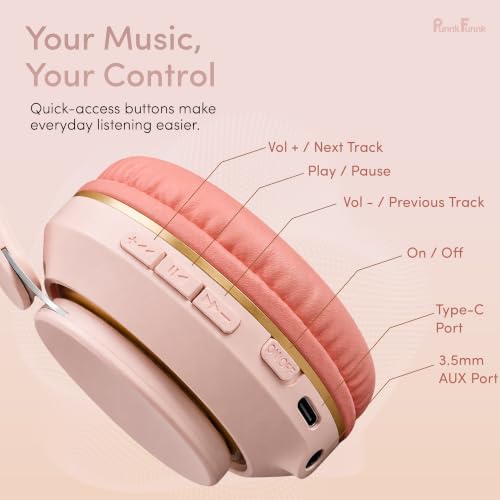 Image of PunnkFunnk FusionBeat Wireless Bluetooth Headphones with BT 5.3, Noise Cancelling, Hi-Res Audio, 40mm Drivers, Deep Bass, Memory Foam Ear Cushions, Over-Ear Headset, Teens & Adults (Pink)
