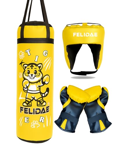 Image of FELIDAE Kids Boxing Kit Set Pack of 4 | Punching Bag for Karate & Martial Arts | Bounce-Back Training Bag for Boys & Girls (Ages 5-13) (Boxing KIT Yellow)