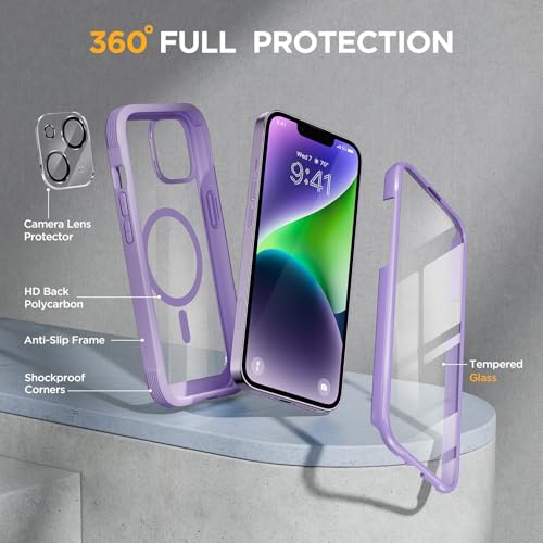Image of Miracase Glass Series Designed for iPhone 14 Plus Case 6.7 inch, 2023 Upgrade Full-Body Magnetic Clear Case with Built-in 9H Tempered Glass Screen Protector,Compatible with MagSafe,Purple