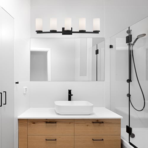 Image of Design House Desta Vanity Light, 5-Light, Curved Bar Design, Frosted Glass Glow, Dimmable, Up /Down Mountable, E26 Socket, Black, 38.6 in L x 6.9 in W x 9.5 in H,589176-BLK