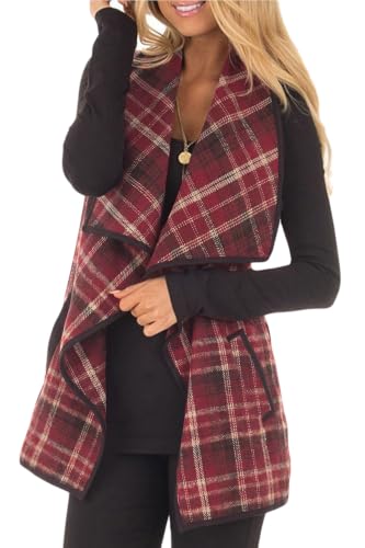 Image of YACUN Women Plaid Vest Lapel Open Front Sleeveless Cardigan