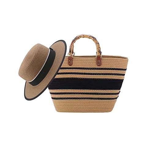 Women Straw Soft Large Tote Bag Retro Top Bamboo Handle Strip Beach Handbag Straw Hat Set Summer Travel 2 Set Cover