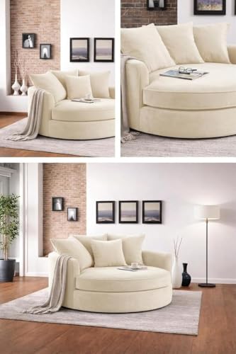 Image of SOFALIZE - Modern Barrel Accent with Pillows Round Sofa Modern Combines Contemporary Design Oversize Arm Chair Cozy Club Chair for Bedroom, Living Room, Lounge, Hotel & Office Hallways Sofa (Cream)