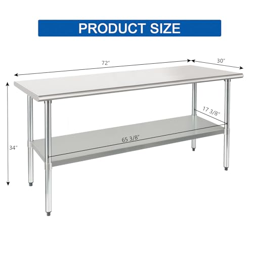 Image of HARDURA Stainless Steel Table 30X72 Inches with Undershelf and Galvanized Legs NSF Heavy Duty Commercial Metel Table for Food Prep