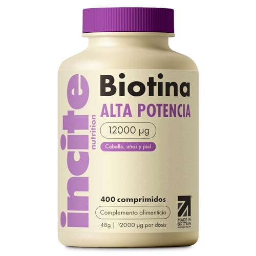 Incite Nutrition Biotina suplemento para el crecimiento del cabello 12,000mcg, Tabletas de 6mm (Suministro para todo un año) para Hombres y Mujeres, Hecho en el Reino Unido 400 unidades (paquete de 1)