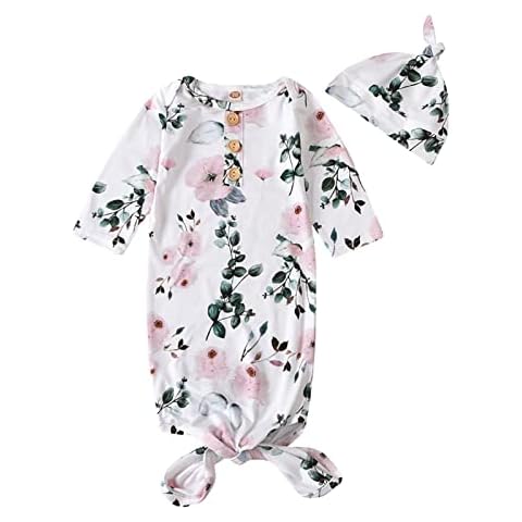 Kislio Newborn Baby Girls Boy Knotted Gown Floral Nightgown Sleeper Gown Swaddle Headband Hat Coming Home Outfit Set Pink Cover