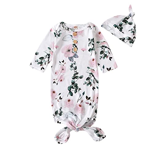 Image of Kislio Newborn Baby Girls Boy Knotted Gown Floral Nightgown Sleeper Gown Swaddle Headband Hat Coming Home Outfit Set Pink