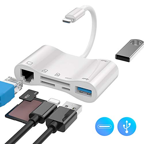 FLYLAND Adaptador de cámara 6 en 1, Lector de Tarjetas SD/TF, 2 interfaces USB 3.0 OTG, Conector Ethernet y Puerto PD, Compatible con iOS (Blanco)