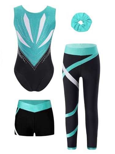 Miutii 4tlg.Mädchen Turnanzug Glitzer Gymnastikanzug mit Shorts Hose und Haargummi Ärmellos Ballettanzug Gymnastik Leotard Eislaufen Tanzkostüm A Blau Grün 122-128