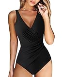RXRXCOCO Womens One Piece Swimsuits Tummy Control Ruched Criss Cross Bathing Suits V Neck Slimming Swimwear Black Large