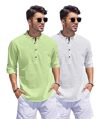Image of Bellstone Men's Cotton Blend Straight Kurta Shirt Combo with Mandarin Collar - Slim Fit Casual Short Kurti Set Featuring Textured Slub Fabric and Roll-Up Full Sleeves