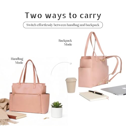 Image of Convertible Tote Bag & Backpack for Women | Faux Leather, 15.6 inch Laptop Compartment | Office, Travel & Everyday Carry | Large, 37cm | Pink