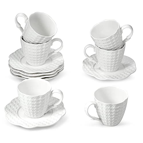 suntun Juegos de Cafe de Porcelana 12 piezas, 175ml Juegos de Tazas de Café y 5,6' Platillos, Diseño en Relieve...