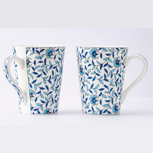 Image of GOLDEN QUEEN'S Mugs Set of 2 for Coffee, Tea, Milk - Ideal for Your Daily Beverage Ritual, Hosting & Casual Gatherings (Blue Vine Whispers)