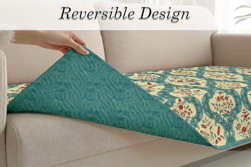 Image of Cloth Fusion 300 GSM Quilted Jaipuri Theme Printed 4 Seater Sofa Cover Mat-Style Fully Covered with Armrest Pockets, Adjustable Straps & Lock Fit (220 cm Seat Run, Floral Damask)