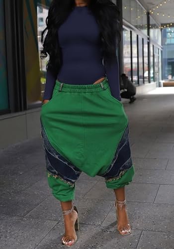 LKOUS Women's Harem Denim Pants Elastic High Waist Cargo Hippie Jeans Baggy Casual Trousers with Pockets3