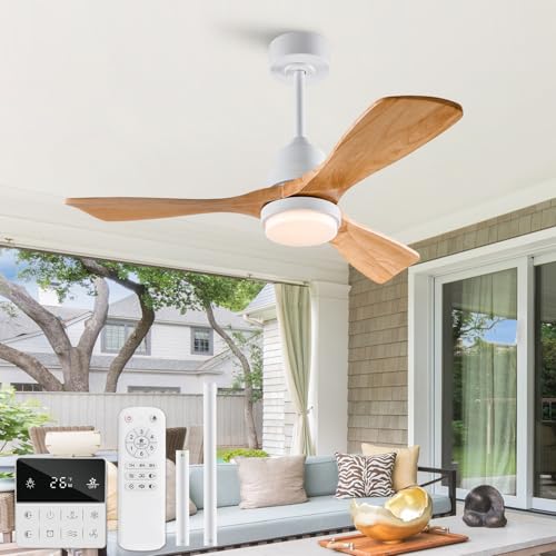 Image of 42 Inch Outdoor Ceiling Fans with Lights and Remote Control, Dimmable Outdoor Ceiling Fans for Patios 3 Blade Wood White Natural Wood Bedroom Ceiling Fan with Light, Wall Switch