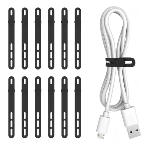COYUN 12 Piezas Sujeta Cables, Bridas Reutilizables, Organizar Cables de Silicona Y Alambres, Multipurpose Elastic Cord Organize,para Cables de Carga, Auriculares,Accesorios de Viaje (Negro)