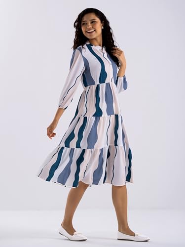 Image of AASK Women Diamond Creap Striped Printed Mandarin Collar Fit & Flare Dresss