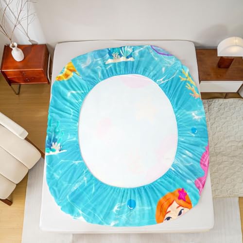 Image of jejeloiu Mermaid Bed Sheets Sets Full Size Kids Boys Girls Tropical Ocean Bedding Set Blue Pink Bed Sheet Set with 16-Inch Deep Pockets Mermaid Tail 4Pcs with 2 Pillow Cases