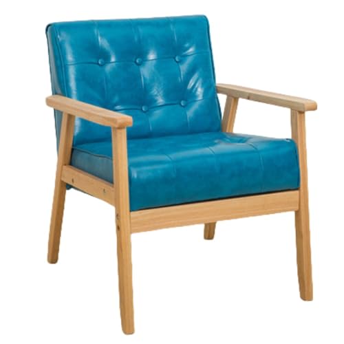 Lopres カフェソファ 1人掛け PUレザー厚手クッション 肘掛け付き 天然木脚 洋食屋 ミルクティー屋 デザート屋 レトロ無垢材 おしゃれで一人暮らしにも最適 モダンでシンプル クッション性が良い (ブルー)