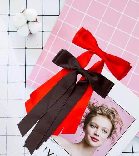 Lazos para cabello rojos y negros para mujer - 2 piezas de lazos de cinta de satén sedoso con clip metálico, accesorios para el cabello para niñas miniatura 3