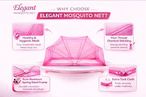 Image of Elegant Premium Cotton Mosquito Net for Qween Size Bed(5x6 Feet Pink) | Foldable Machhardani with High-Density Mesh & Washable