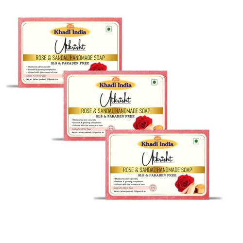 Image of Khadi Rose and Sandal Handmade Bathing Soap Bar 125g (Pack of 3) | Natural & Herbal | Glowing, Hydrating & Brightening Skin | For Acne & Blemishes | All Skin Types | For Men, Women