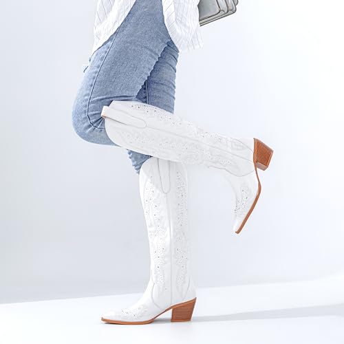 Image of ADAMUMU Womens Wide Calf Cowboy Boots Classic Western-Style Cowboys Boots for Women Pointed Toe Womens Cowgirl Boots with Chunky Heel Non-Slip Sole for Adding Timeless Elegance to Your Wardrobe