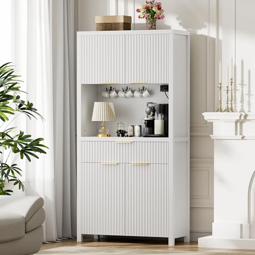 Image of Lulive White Fluted Pantry Cabinet with Charging Station, Adjustable Shelves, Spacious Kitchen Storage Organizer with Open Countertop, Kitchen Hutch with Storage Drawers for Dining & Living Room | Adjustable Shelves, Open Countertop, Drawer, Spacious Kitchen Storage