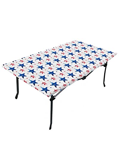 Independence Day Fitted Table Covers for 6 Foot Tables, Watercolor Blue Red Star National Flag Day Elastic Table Cover Rectangle 32