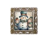 Winter Snowman Family Holiday Christmas Gifts Handmade Square Glass Baroque Style BROOCH or Pin Jewelry (Antique Bronze Tone)