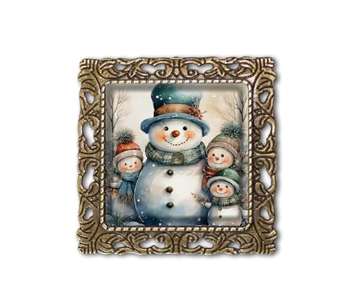 Winter Snowman Family Holiday Christmas Gifts Handmade Square Glass Baroque Style BROOCH or Pin Jewelry (Antique Bronze Tone)
