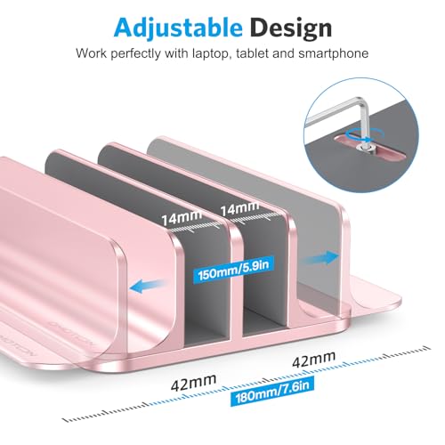Image of OMOTON Vertical Laptop Stand [Updated Double Version], Desktop Aluminum Mac Book Stand with Adjustable Dock Size, Fits All Mac Book, Surface, Chrome Book and Gaming Laptops (Up to 17.3 in)(Rosegold)