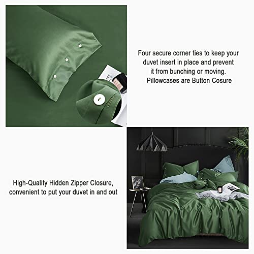 Eavd Luxury Green Duvet Cover King Soft 100% Cotton Solid Color Green Bedding Set With 2 Pillowcases Elegant Style Green Comforter Set With Zipper Closure 4 Ties #TOP4