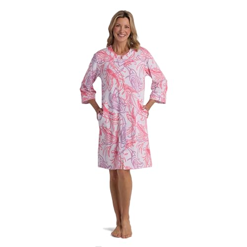 Miss Elaine Women's Interlock Knit Robe, Snap Front and Short Sleeves, Two Front Pockets, Sleepwear and Loungewear (Medium, Coral/Lavender Paisley on White)