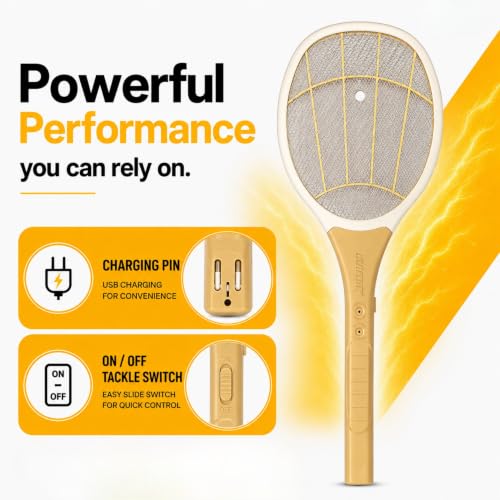 Image of HUNTER Premium Rechargeable Mosquito Swatter Bat | Electric Insect & Fly Zapper Racket | Portable Bug Killer for Home, Office & Outdoor Use, Gold, (Pack of 1)