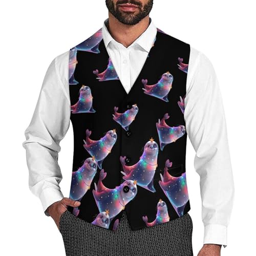 Funny Xmas Sea Lion Animals Men's Suit Vest Waistcoat Vests Formal Dress with 2 Pockets for Business Casual Tuxedo