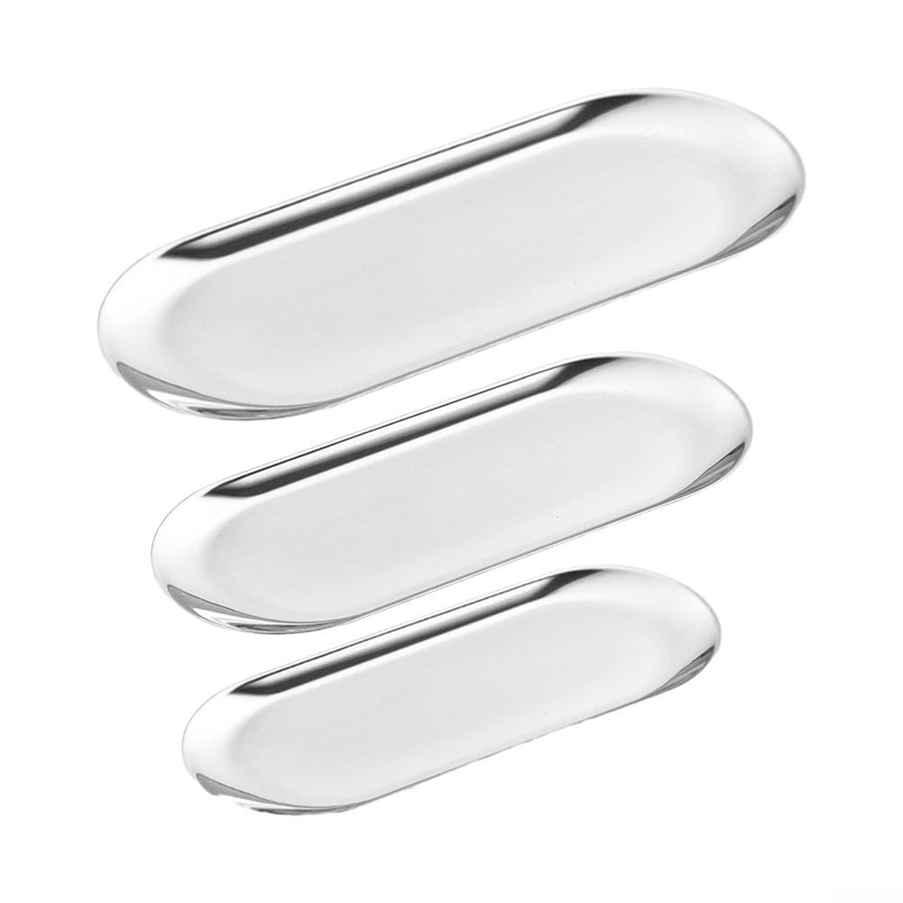 Vassoio Ovale In Acciaio Inox Argentato, Piccolo 22,9x9,6 Cm, Porta Asciugamani, Porta Tè, Porta Gioielli, Vassoio Decorativo, Confezione Da 2 Pezzi