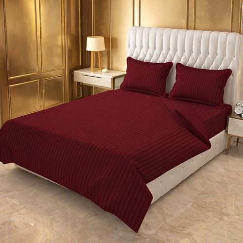 Image of Prozone Premium Maroon Satin Stripe Double Bedsheet with 2 Pillow Covers | Soft & Luxury Hotel Style Bedding for Double Bed