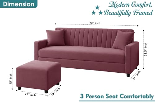 Image of 3 Seater Wooden Sofa Set with Ottoman for Living Room | Premium Velvet Fabric Wooden Frame | Modern Design | Comfortable Cushioned Sofafor Home, Office & Lounge | Rose Pink