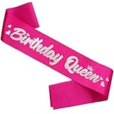 FSJJLLU ‘Birthday Queen' Birthday Sash Hot Pink with Glitter Silver Letters-Birthday Sash for Women,Queen of the Party, Fits All Women, Perfect for 21st, 30th, 40th, 50th Birthdays