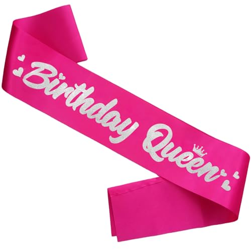 FSJJLLU ‘Birthday Queen' Birthday Sash Hot Pink with Glitter Silver Letters-Birthday Sash for Women,Queen of the Party, Fits All Women, Perfect for 21st, 30th, 40th, 50th Birthdays