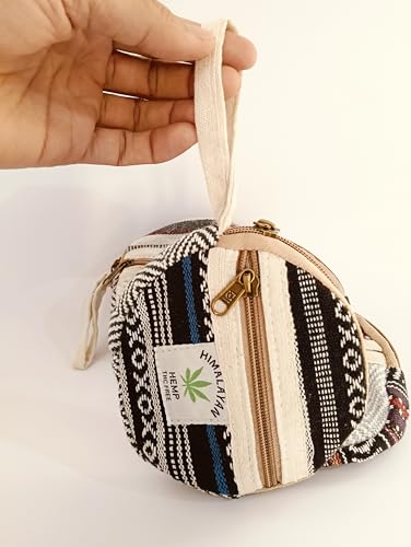 Image of Kedar Kripa Hemp Ethnic Pattern Round Pouch Bag and Rectangular Pouch Bag (Set of 2) Traditional Women /Men Design, Multi-Color Striped Canvas Bags with Zipper Closure