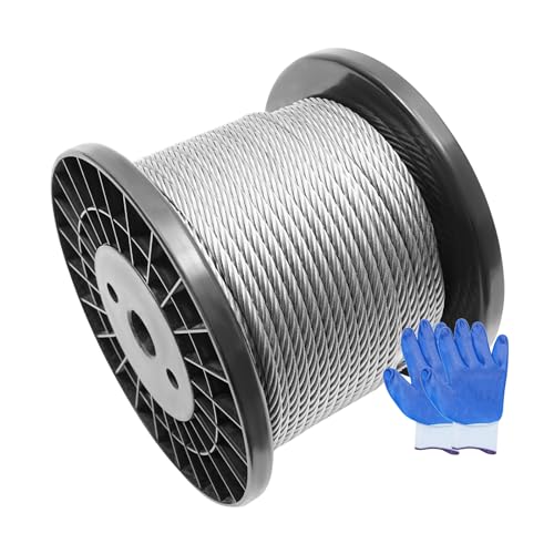 150FT 1/4" Stainless Steel Cable for Deck Cable Railing System, T304 Aircraft Cable Kits, 7x19 Strands Construction Braided Stainless Wire, Wire Rope Cable with Gloves, DIY Balustrades