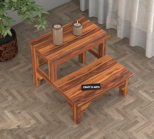 Image of CRAFT D ARTS Solid Sheesham Wood Double Step Stool for Kitchen | Two Step Stool for Adults and Kids | Heavy Duty for Kitchen, Bathroom | Honey Finish